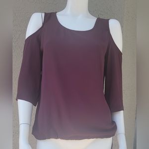 New York & Company burgandy  cold shoulder, ribbon waist closure top size XS